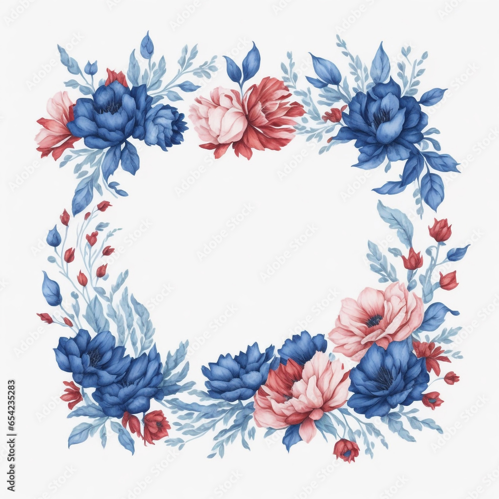 Obraz premium Blue and Red watercolor floral frame, square shape floral frame.