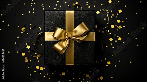 gift box with shiny gold sequins, creating a glamorous contrast on an isolated black background.
