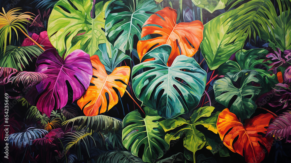 Leaves of exotic plants in street art style created with Generative Ai Leaves of exotic plants in street art style created with Generative Ai