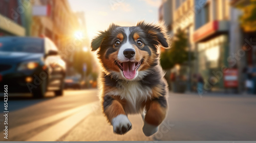 Fototapeta Naklejka Na Ścianę i Meble -  A happy and cute dog as it raced through the streets