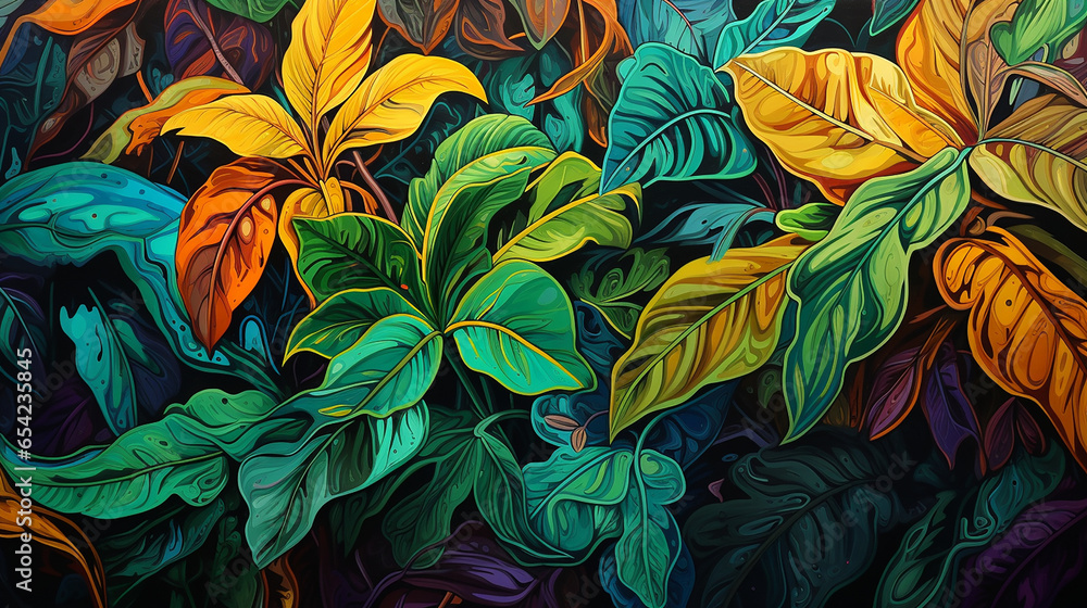 Leaves of exotic plants in street art style created with Generative Ai Leaves of exotic plants in street art style created with Generative Ai