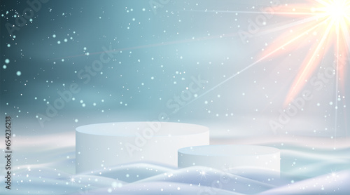 New Year, Christmas winter background with podium, sun and snowflakes.