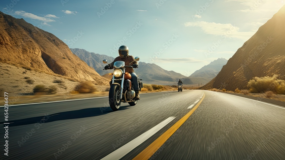 a motorcycle gracefully navigating an empty highway, symbolizing the freedom and joy of the ride.