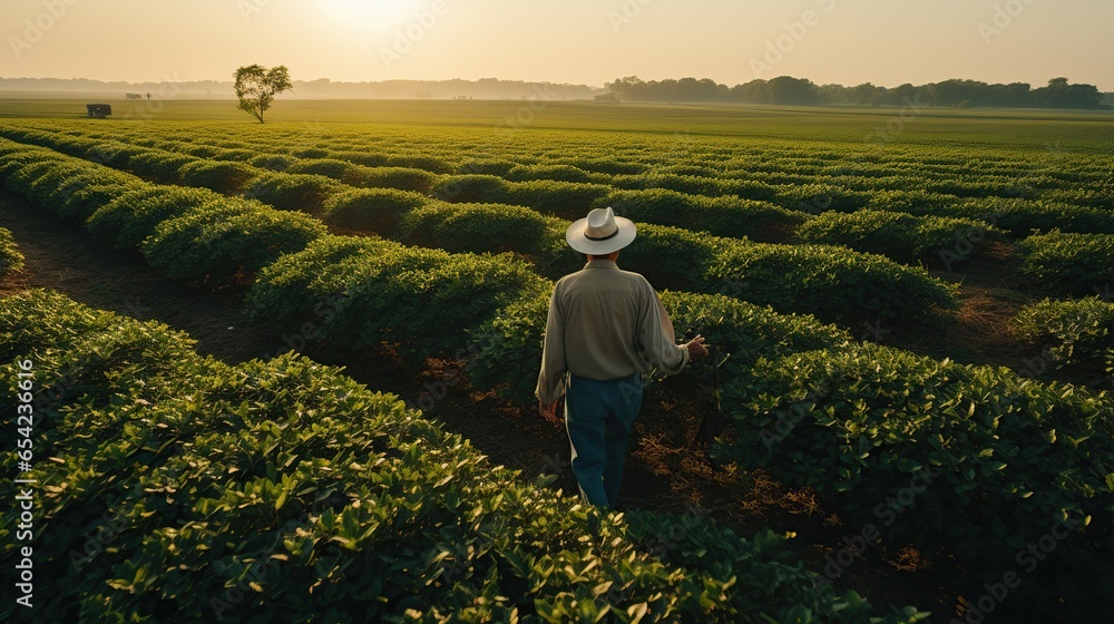 Fototapeta premium Back view: farmer working in the field and looking into the distance, Farmers working on fields at sunset outdoors
