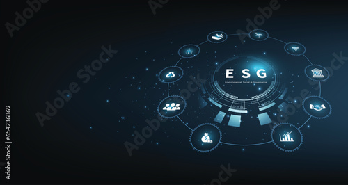 Sustainable business on networked connection vector illustration on blue color background. ESG icon concept .Environmental,Social and Corporate Government.	
