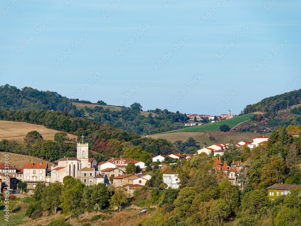 View of Saint Subrin village in the foreground and L'Aubépin village in the distance, from Riverie, France