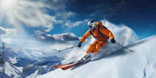 Skier in mountains on a beautiful sunny day. Generative AI