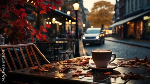 Morning coffee at a bustling city cafe with cars and a vibrant urban view. Enjoy the cityscape as you sip your latte