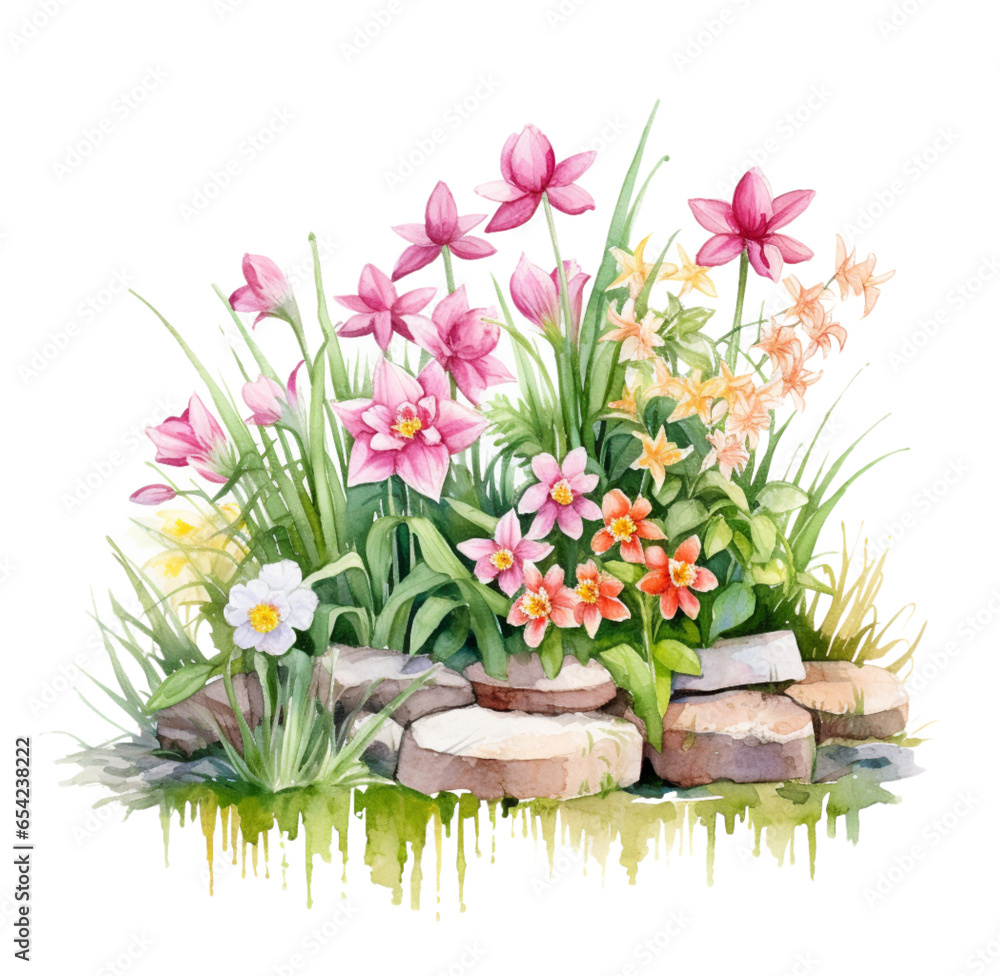 Watercolor illustration of a flower bed with a fence. Generative AI, png image