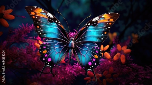 Holographic Beautiful butterfly on flowers garden