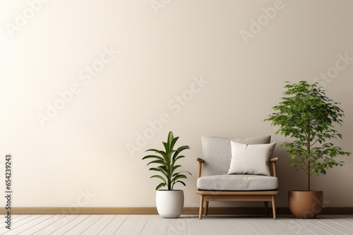 Interior design minimal living room, interior tropical style, interior design room with sofa and tree pot and white wall with cozy and comfortable, three-dimensional, generative ai.