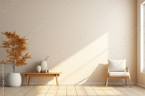 Interior design minimal living room with windows, interior tropical style, interior design room with sofa and tree pot and white wall with cozy and comfortable, three-dimensional, generative ai.