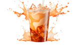 Ice tea thai tea splash glass with straw in plastic cup isolated on transparent background PNG file