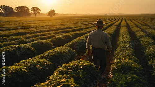 Back view: farmer working in the field and looking into the distance, Farmers working on fields at sunset outdoors