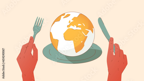 Vector illustration showing a plate with earth globe on it, and hands holding a fork and knife. Concept of lack of food, rising food prices, global food shortage, zero hunger