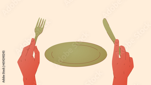 Vector illustration showing an empty plate and hands holding a fork and knife. Man holding tableware. Concept representing food shortages, hunger, poverty and rising prices.