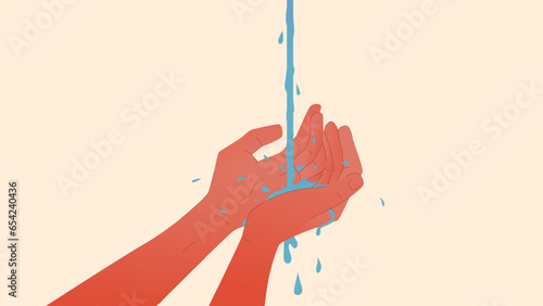 Simple vector illustration showing hands under flowing water. Icon of palms rinsing, washing hands. Concept representing pollution of drinking water, hand hygiene. Lack of clean water in nature
