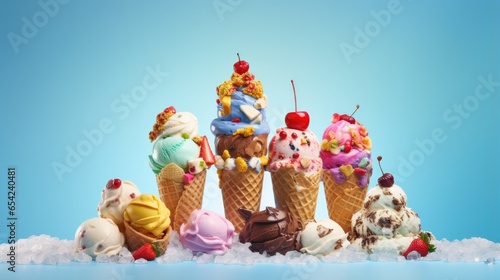 Collection of various delicious ice cream with topping fruit