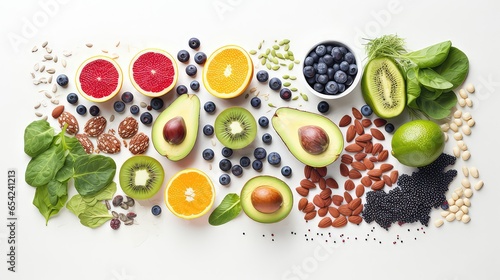 Healthy food. Various fruits isolated on a white background, top view, creative flat layout. Frame of different fruits with space for text. photo
