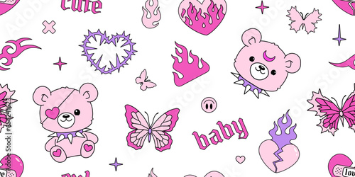 Y2k Emo Goth semless pattern. Kawaii Pink teddy bear with flame heart. Tattoo art teddy bear toy, butterfly, flame, fire in gothic y2k 2000s style. Vector pink and white design