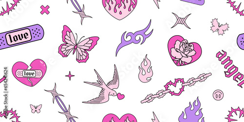 Y2k Tattoo art seamless pattern in 90s - 00s style. Butterfly, barbed wire, fire, flame, chain heart, swallow, rose psychedelic tattoo style. Vector 2000s tattoo designs in pink and blue style	