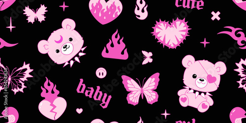Y2k Emo Goth semless pattern. Kawaii Pink teddy bear with flame heart. Tattoo art teddy bear toy, butterfly, flame, fire in gothic y2k 2000s style. Vector pink and black design