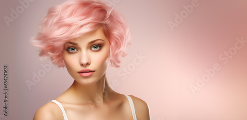 Portrait Young woman with pink hair on pink background - theme hairstyle, hair model, hairdresser and fashion - space for text