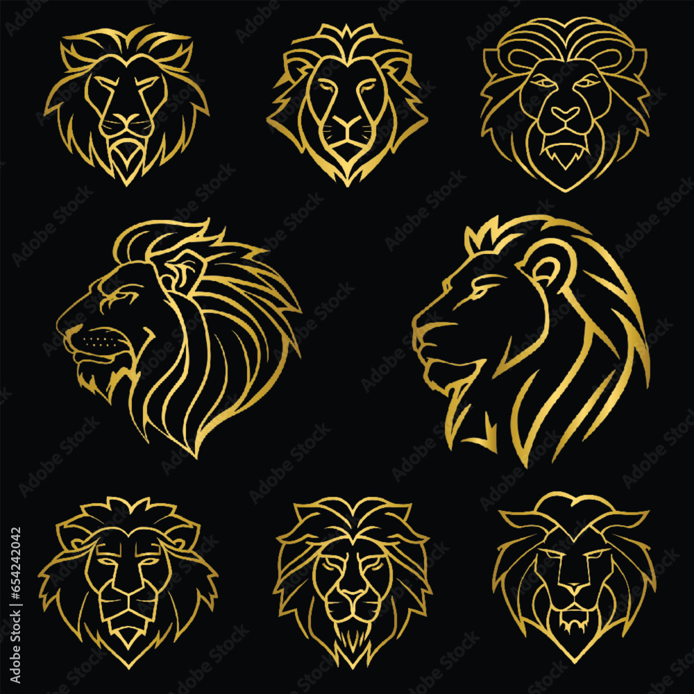 Set of golden lion head, collection of gold lion Set of golden lion head, collection of gold lion