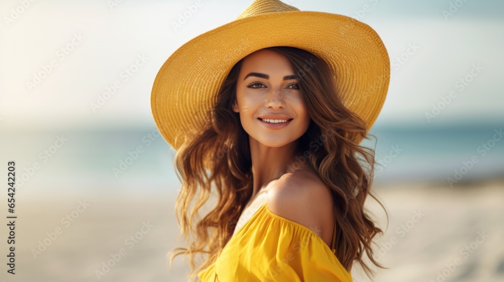 Beautiful attractive woman in yellow dress and straw hat on the beach, Summer vacation concept.