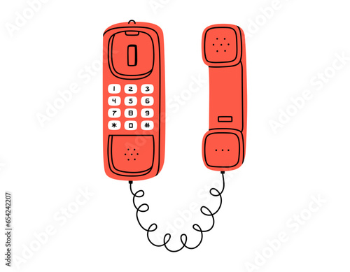 Hand drawn cute cartoon illustration of red wall wired phone. Flat vector old telephone, landline sticker in simple colored doodle style. Call device icon or print. Isolated on white background. photo