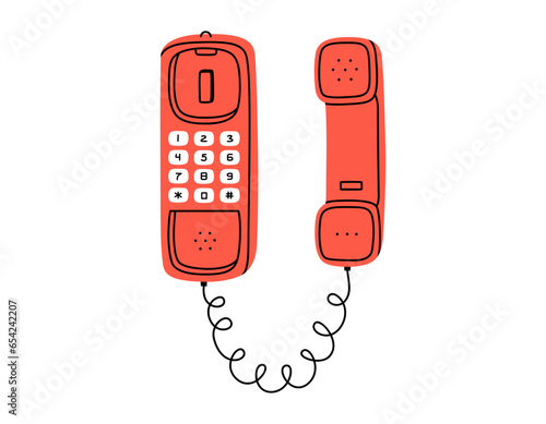 Hand drawn cute cartoon illustration of red wall wired phone. Flat vector old telephone, landline sticker in simple colored doodle style. Call device icon or print. Isolated on white background.
