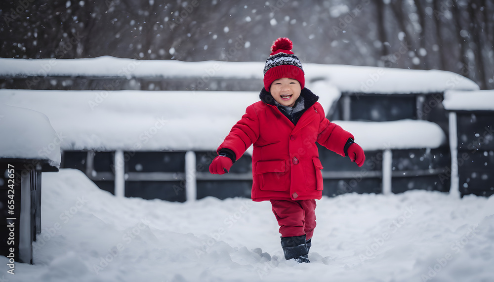 Cute little boy having fun in winter park. Happy child having fun outdoors. Winter activities for kids.
