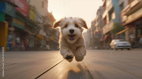 Fototapeta Naklejka Na Ścianę i Meble -  A happy and cute dog as it raced through the streets