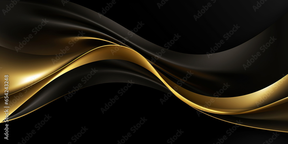 Abstract background with realistic golden and black wavy fluid shape. Interwined gold stripes. Generative AI - obrazy, fototapety, plakaty 