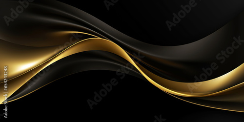 Abstract background with realistic golden and black wavy fluid shape. Interwined gold stripes. Generative AI