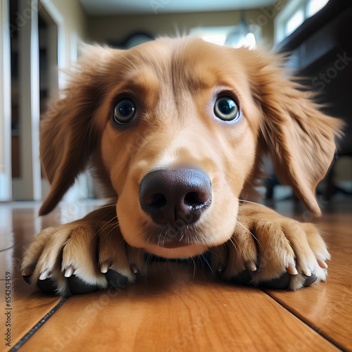 Cute little puppy looking into the camera, big face with big paws, AI-Generated