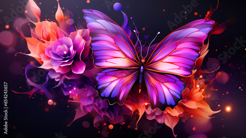 Neon, Mesmerizing butterfly, flowers, purple and pink, AI-Generated