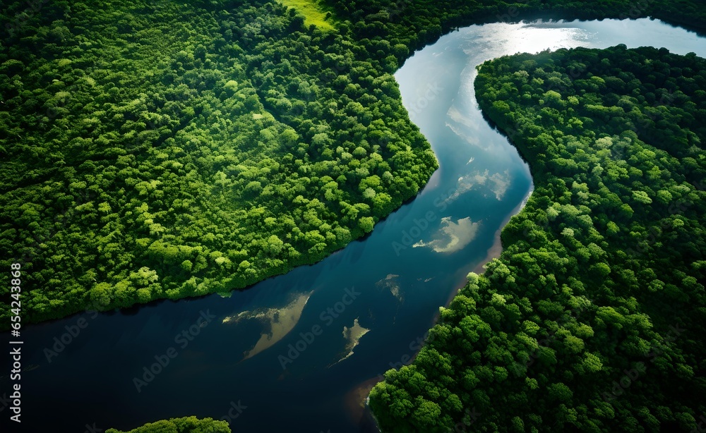 Aerial view of Amazon rainforest jungle with river Aerial view of Amazon rainforest jungle with river