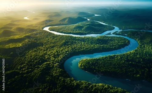 Aerial view of Amazon rainforest jungle with river photo