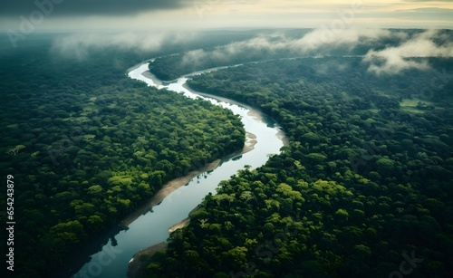 Aerial view of Amazon rainforest jungle with river