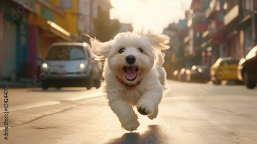 Fototapeta Naklejka Na Ścianę i Meble -  A happy and cute dog as it raced through the streets