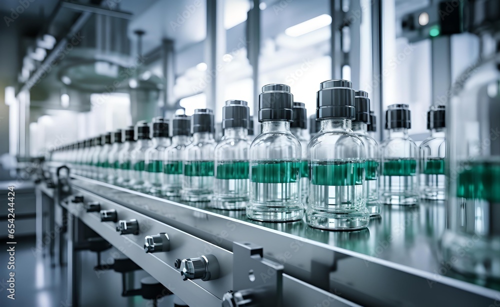 Pharma factory with conveyor line glass bottles and ampoules. Pharma factory with conveyor line glass bottles and ampoules.