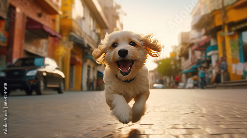 Fototapeta Naklejka Na Ścianę i Meble -  A happy and cute dog as it raced through the streets
