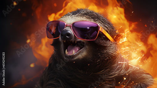 Sloth with glasses on fire, AI-Generated