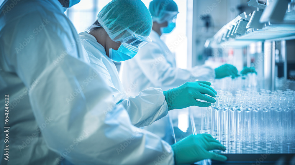 Scientists in lab coats at sterile environment of a tissue engineering lab