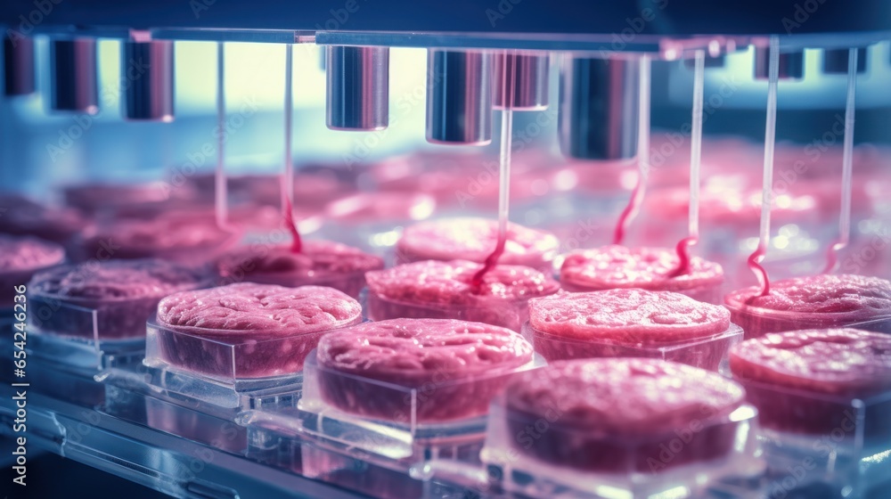 Transgenic meat. Bioreactors filled with cultured meat cells, showcasing the thriving tissue culture - obrazy, fototapety, plakaty 