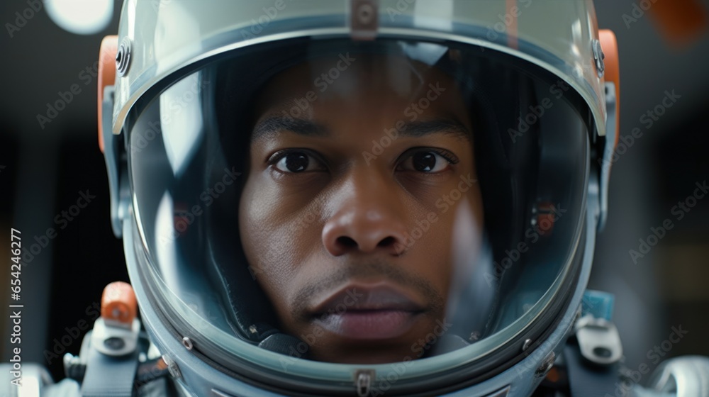 Astronaut's face inside their helmet, close up Astronaut's face inside their helmet, close up