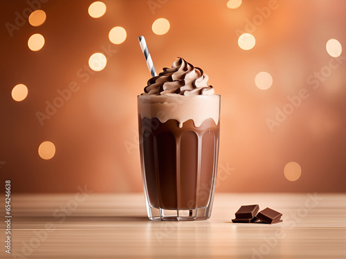 Chocolate milkshake on a wooden table. Background with copy space and bokeh.