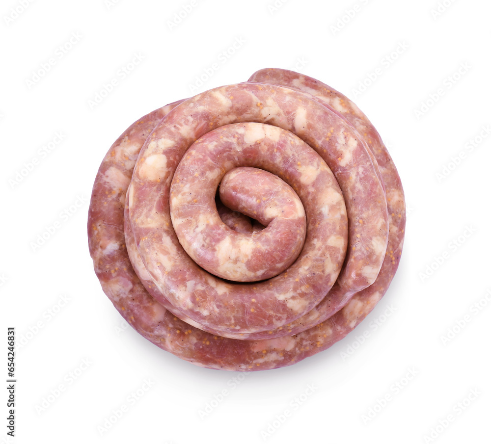 Obraz premium Homemade sausage on white background, top view