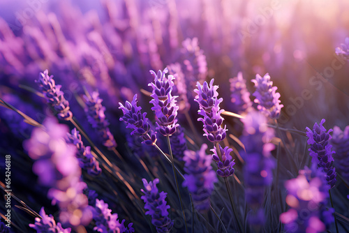 Close-up on a field of lavender, bright sunlight, AI-Generated